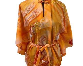 Vintage Made in Hawaii Womens L Orange Floral Mandarin Collar Tie Waist Top