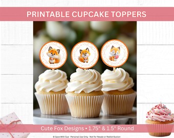 Printable Fox Cupcake Topper Stickers 1.5 & 1.75 Inch Kids Party Decor Valentines Day