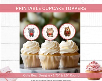 Printable Bear Cupcake Topper Stickers 1.5 & 1.75 Inch Kids Party Decor Valentines Day