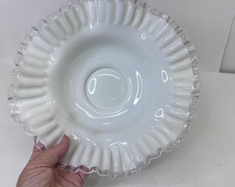 Fenton Silver Crest Milk Glass Ruffled 11 Inch Serving Bowl Vintage White