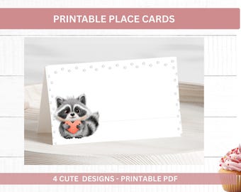 Raccoon Place Cards Printable Kids Party Table Names PDF Wildlife Valentine's Day