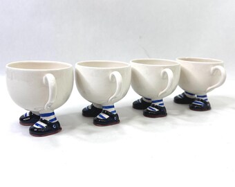 Carlton Ware England Walking Ware 1970s Set of 4 Cups Blue Striped Socks Vintage