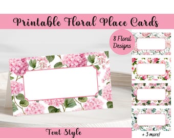 8 Printable Pink Floral Place Cards Name Tags Folded Tent Food Table Labels PDF
