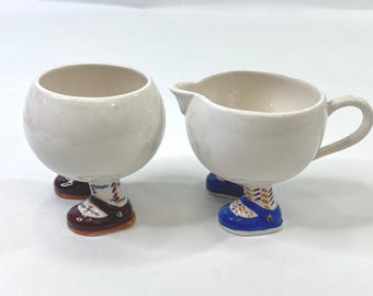 Carlton Ware Walking Ware Creamer Sugar Bowl England Blue Brown Shoes Vintage