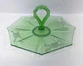 Vintage Green Depression Glass Octagonal Tidbit Tray Etched Floral Center Handle