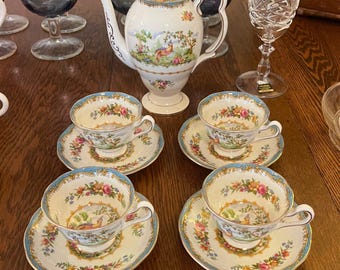 Royal Albert Chelsea Bird Coffee Set Pot 4 Demitasse Cups Saucers Bone China