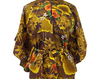 Vintage Royal Hawaiian Womens Large Blouse Brown Gold Floral Made in Hawaii
