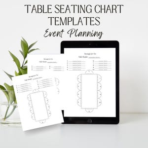 May include: A digital tablet displays a table seating chart template, with two printed sheets in front. The text "TABLE SEATING CHART TEMPLATES Event Planning" is at the top. The templates are for event planning.