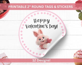 Printable Valentine’s Day Bunny Rabbit Round Tags & Stickers Set • 2" Labels or Gift Tags