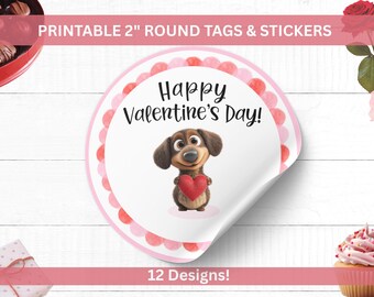 Printable Valentine’s Day Puppy Round Tags & Stickers Set • 2" Labels or Gift Tags