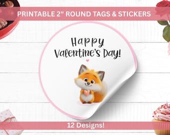 Printable Valentine’s Day Fox Round Tags & Stickers Set • 2" Labels or Gift Tags
