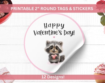 Printable Valentine’s Day Raccoon Round Tags & Stickers Set • 2" Labels or Gift Tags