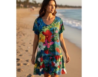 Jams World Hattie Dress Womens XL Blue Garden Tropical Floral Rayon Tiered