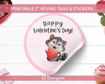 Printable Valentine’s Day Kitty Cat Round Tags & Stickers Set • 2" Labels or Gift Tags