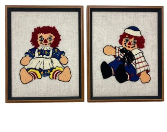 Vtg 1980 Framed Raggedy Ann & Andy Handmade Needlepoint  Wall Hangings Retro
