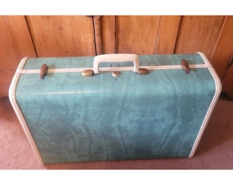 Vtg 1950s Samsonite 15" Suitcase Bermuda Green Marbled Schwayder Luggage w Key