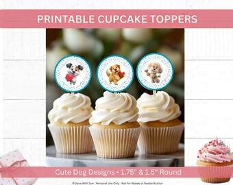 Printable Dog Cupcake Topper Stickers 1.5 & 1.75 Inch Kids Party Decor Valentines Day