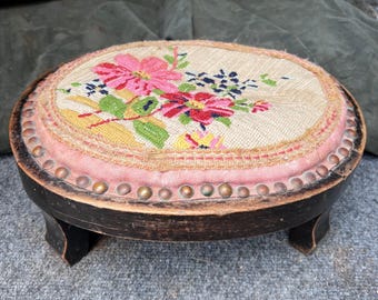 Antique Victorian Oval Needlepoint Footstool Floral Wood Stool Brass Tacks 12in