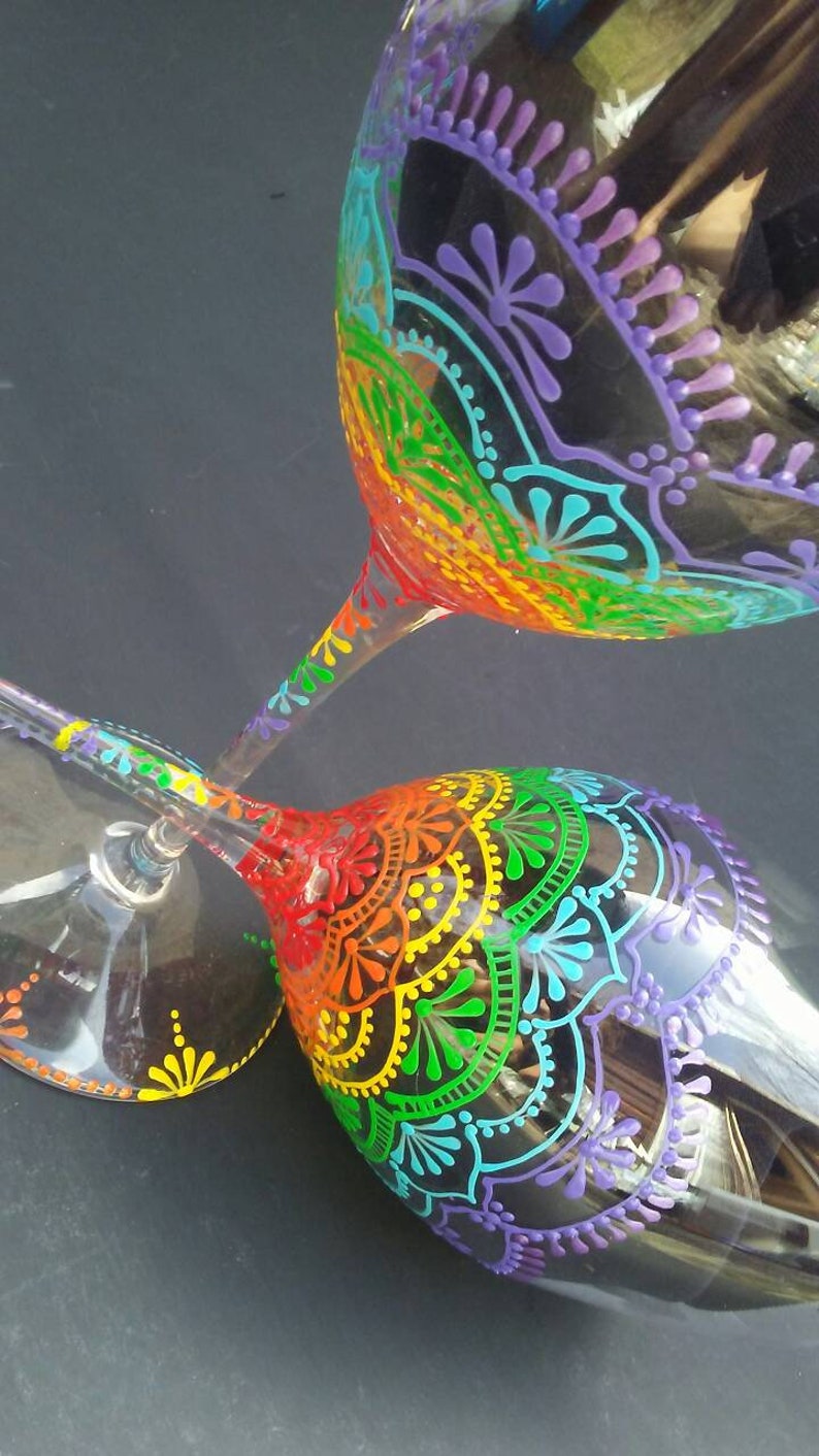 Henna wine glasses rainbow wine glass hand painted wine Etsy