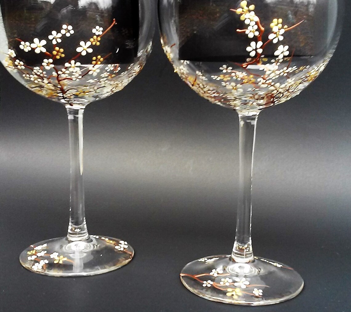 Cherry blossoms wine glass Cherry blossom glass hand painted Etsy