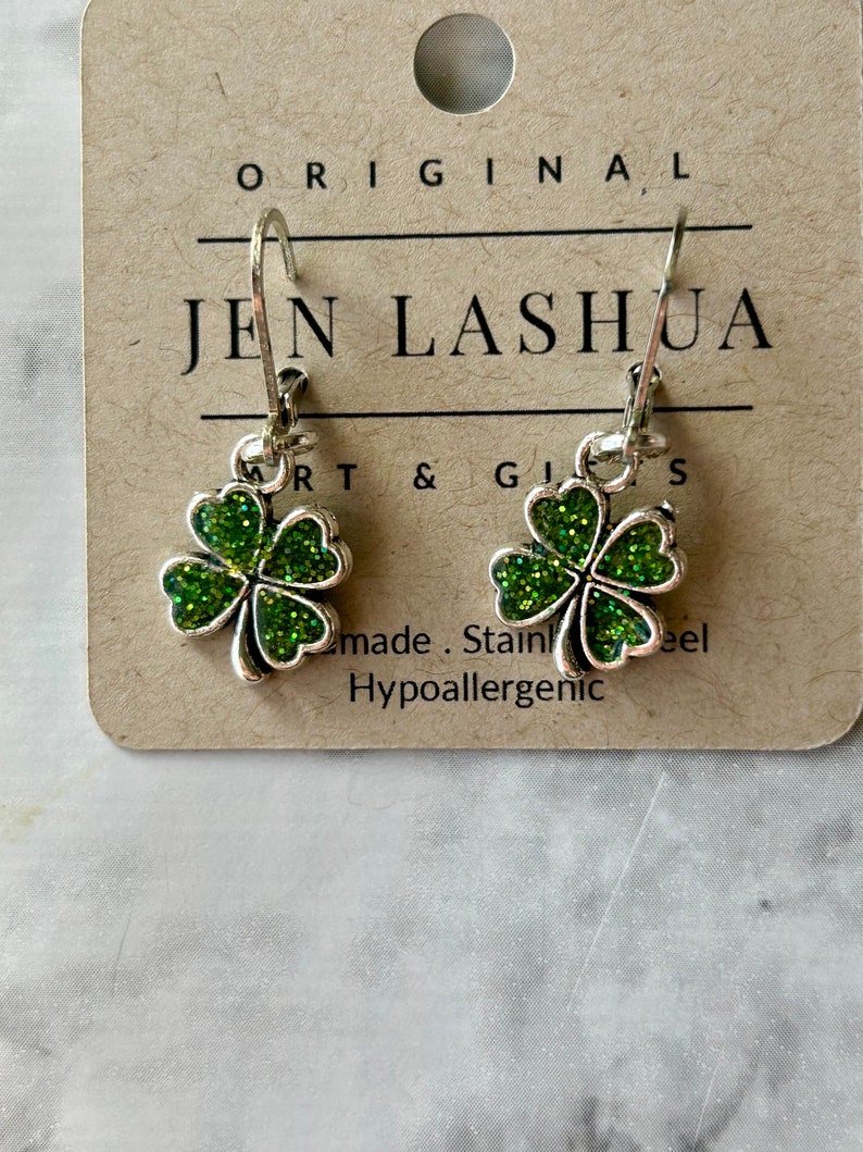 Shamrock Four leaf clover resin Earrings Silver