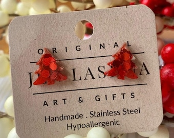 Red  Resin Tree Holiday  Earrings| Stud Earrings| Christmas Earrings | Stocking Stuffer | Holiday Secret Santa Gift | Tree Earrings