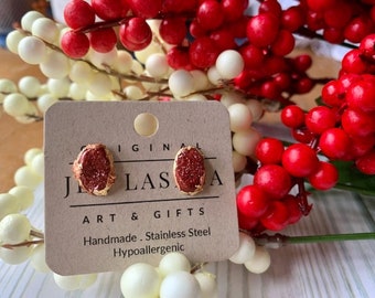 Druzy Crystal Merlot Red Holiday  Earrings| Stud Earrings| Christmas Earrings | Stocking Stuffer | Holiday Secret Santa Gift | Tree Earrings