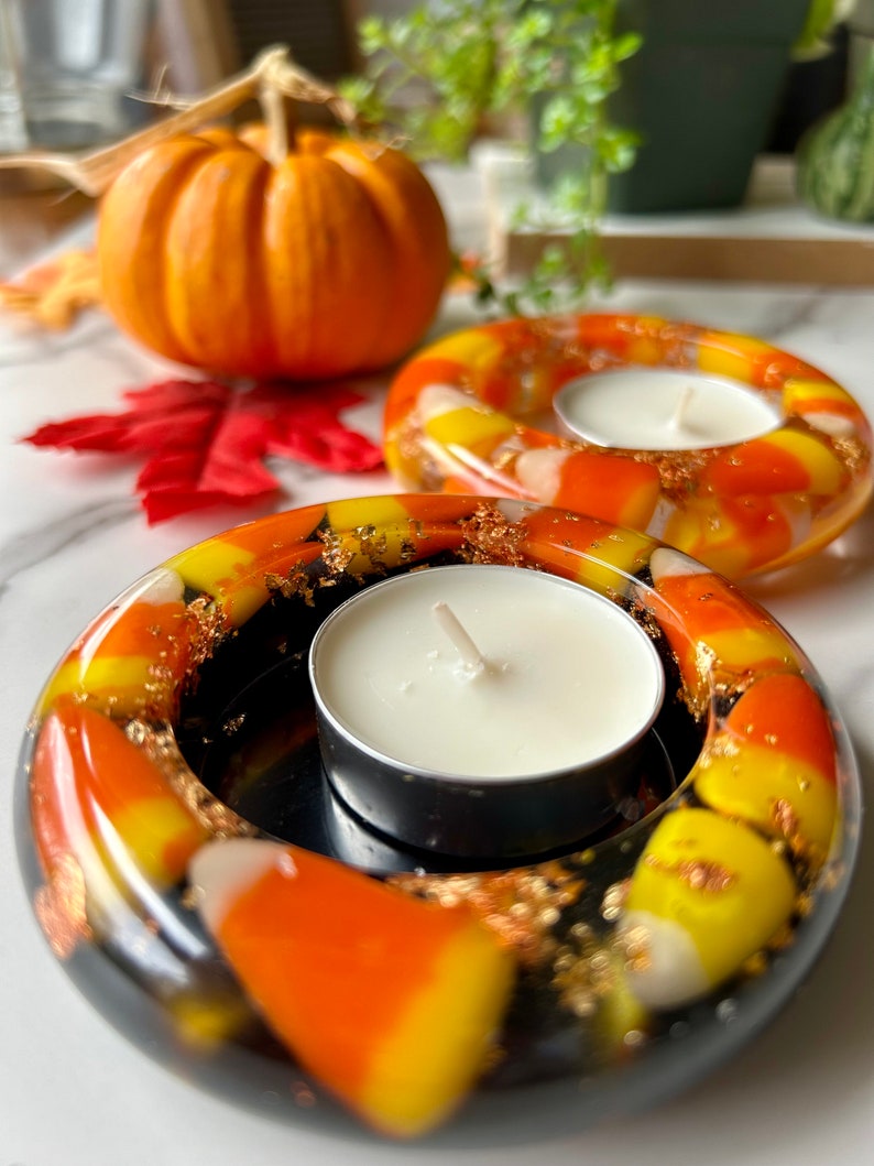 Halloween Fall Candy Corn Tea Light Candle Holder Black