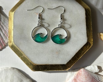 Sterling Silver TEAL resin wave Earrings