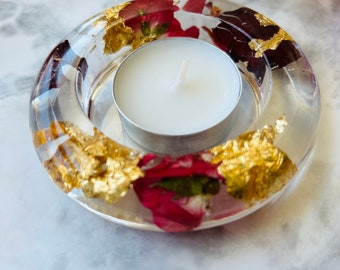 Resin Rose /Gold leaf tea light candle holder