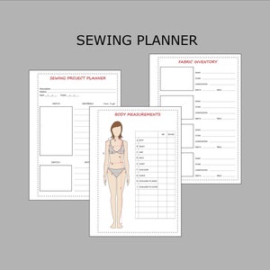 May include: Printable sewing planner with sections for fabric inventory, body measurements, and project planning. The planner includes a sketch area, materials list, and space for notes.