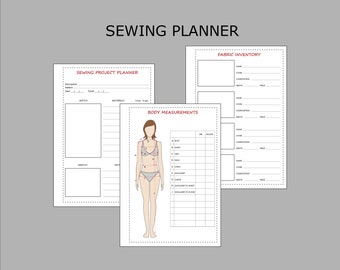 May include: Printable sewing planner with sections for fabric inventory, body measurements, and project planning. The planner includes a sketch area, materials list, and space for notes.