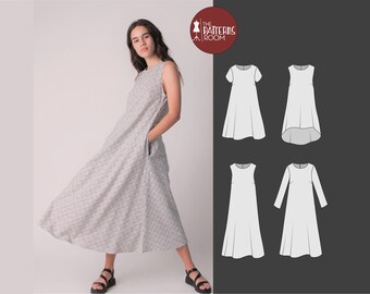 Shift Dress Sewing Pattern, A-Line Maxi Dress, Sizes 20-28 (PDF)