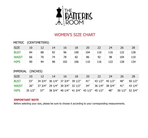 Sewing Pattern Size Chart