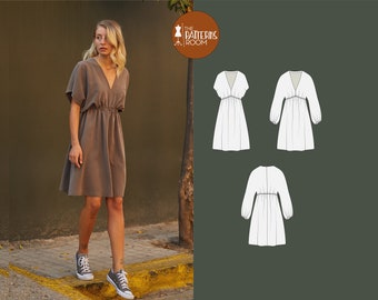 Womens V-Neck Dress Sewing Pattern: Bishop Sleeves, Sizes 20-28 (PDF Pattern)