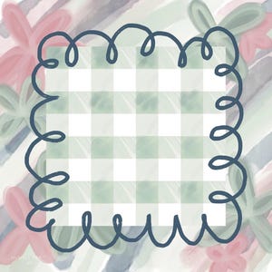 May include: An abstract digital art piece featuring a square with a green and white gingham pattern, framed by a dark blue, curly border. The background has watercolor-style brushstrokes in pink, green, and blue, with floral accents.