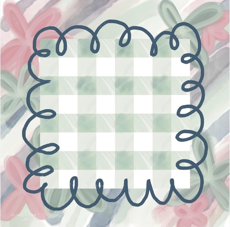 May include: An abstract digital art piece featuring a square with a green and white gingham pattern, framed by a dark blue, curly border. The background has watercolor-style brushstrokes in pink, green, and blue, with floral accents.