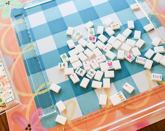 Floral Blue Gingham Mahjong Mat - Checkered- Neoprene Table Cover - Preppy Mahjong Accessories