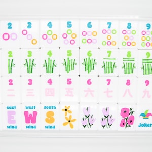 May include: A set of white Mahjong tiles with colorful symbols and numbers, including circles, bamboo stalks, and dragons. The tiles are arranged in a clear acrylic case. The bottom row features the words "NEWS" and "Joker".