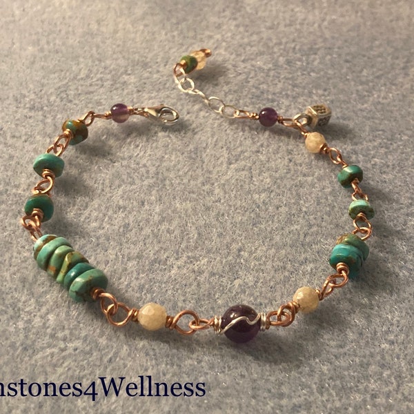 Reiki Infused/ Manifest Joy/ Ease Pain/ Anxiety/ Turquoise Amethyst Citrine/ Copper Sterling Gemstone Chain Bracelet/ 6 3/4 - 7 3/4”