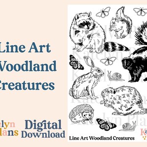 Line Art Woodland Creatures Printable Planner Stickers (Digital Download)