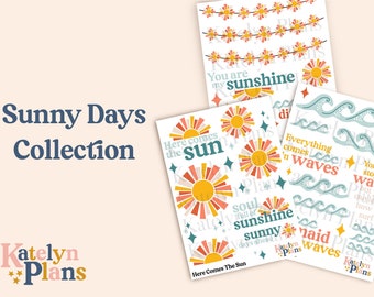 Sunny Days Collection Planner Stickers (Physical Stickers) 4.75 x 6.5 Inches — Here Comes The Sun, Make Waves, & Sunny Garlands