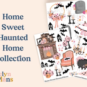 May include: A set of printable Halloween stickers featuring a variety of spooky and cute designs, including a fireplace, a cauldron, a chair, bats, pumpkins, and stars. The text "Home Sweet Haunted Home" and "Haunted Home II" is included in the design.