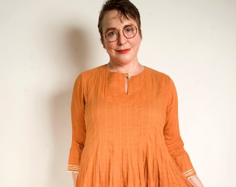 Indian orange handwoven cotton kurta dress with blue and gold border