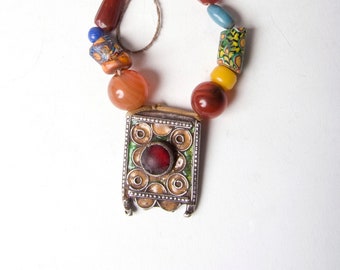 Amazigh Berber mixed bead necklace, with old enamelled silver pendant