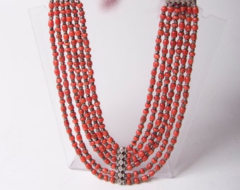 Vintage multistrand coral and solid silver beads necklace, Nepal