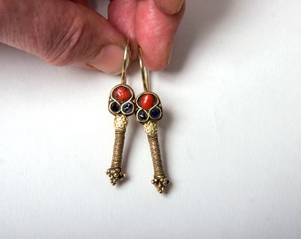 Vintage gold Turkmen earrings with coral and sapphire
