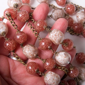 Long necklace of large Murano glass beads 52ins white/gold, copper/gold aventurine