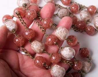 Long necklace of large Murano glass beads 52ins white/gold, copper/gold aventurine