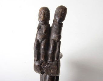 Beautifully sculptural African Lobi walking stick from Burkino Faso with entwined figures